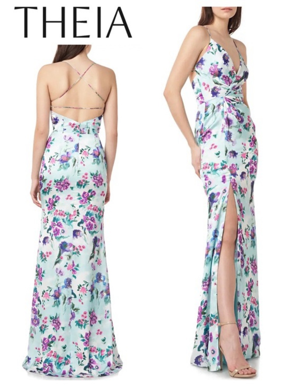 Floral Surplice Maxi Dress in Mint and Purple